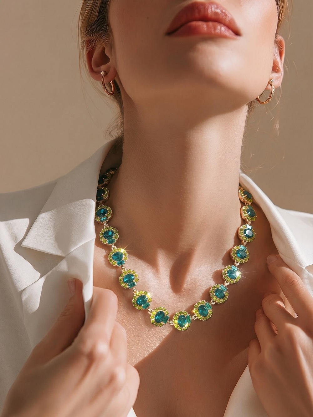 Gold Necklace with Blue-Green Gemstones -Elegant Women’s Jewelry 18k Gold plated